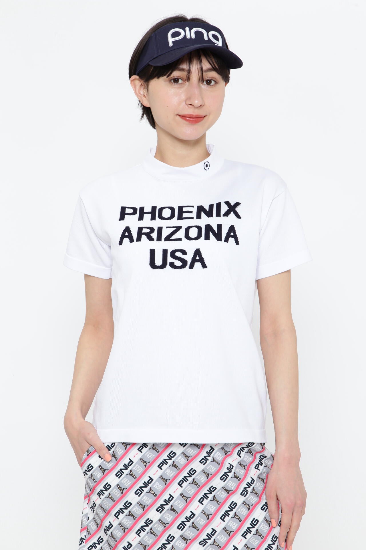 【PING APPAREL】ロゴ柄 半袖ハイネックニットプルオーバー ＜NATIVE＞ (LADIES)
