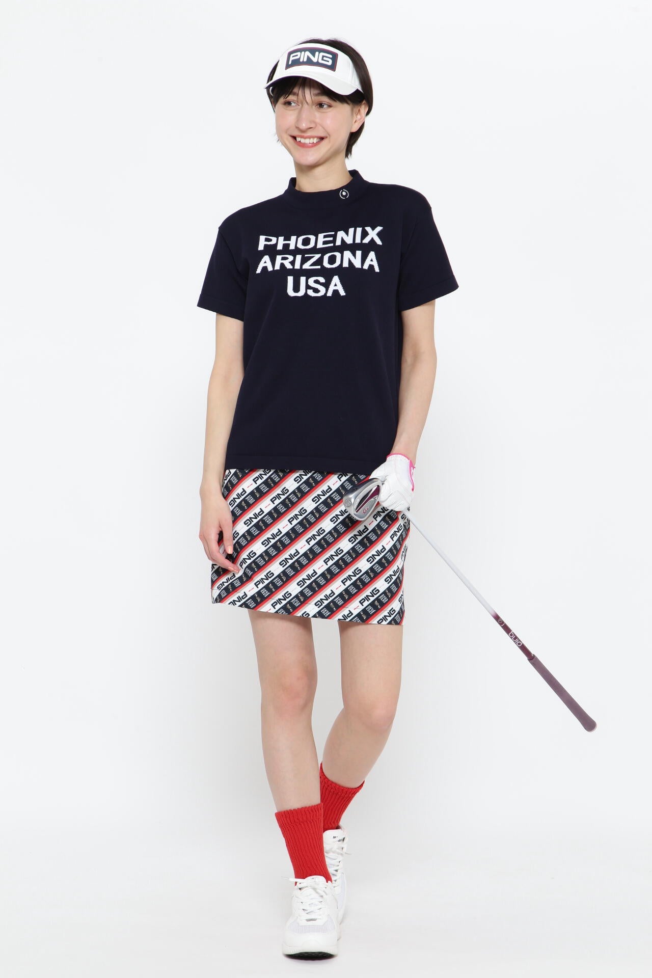 【PING APPAREL】ロゴ柄 半袖ハイネックニットプルオーバー ＜NATIVE＞ (LADIES)