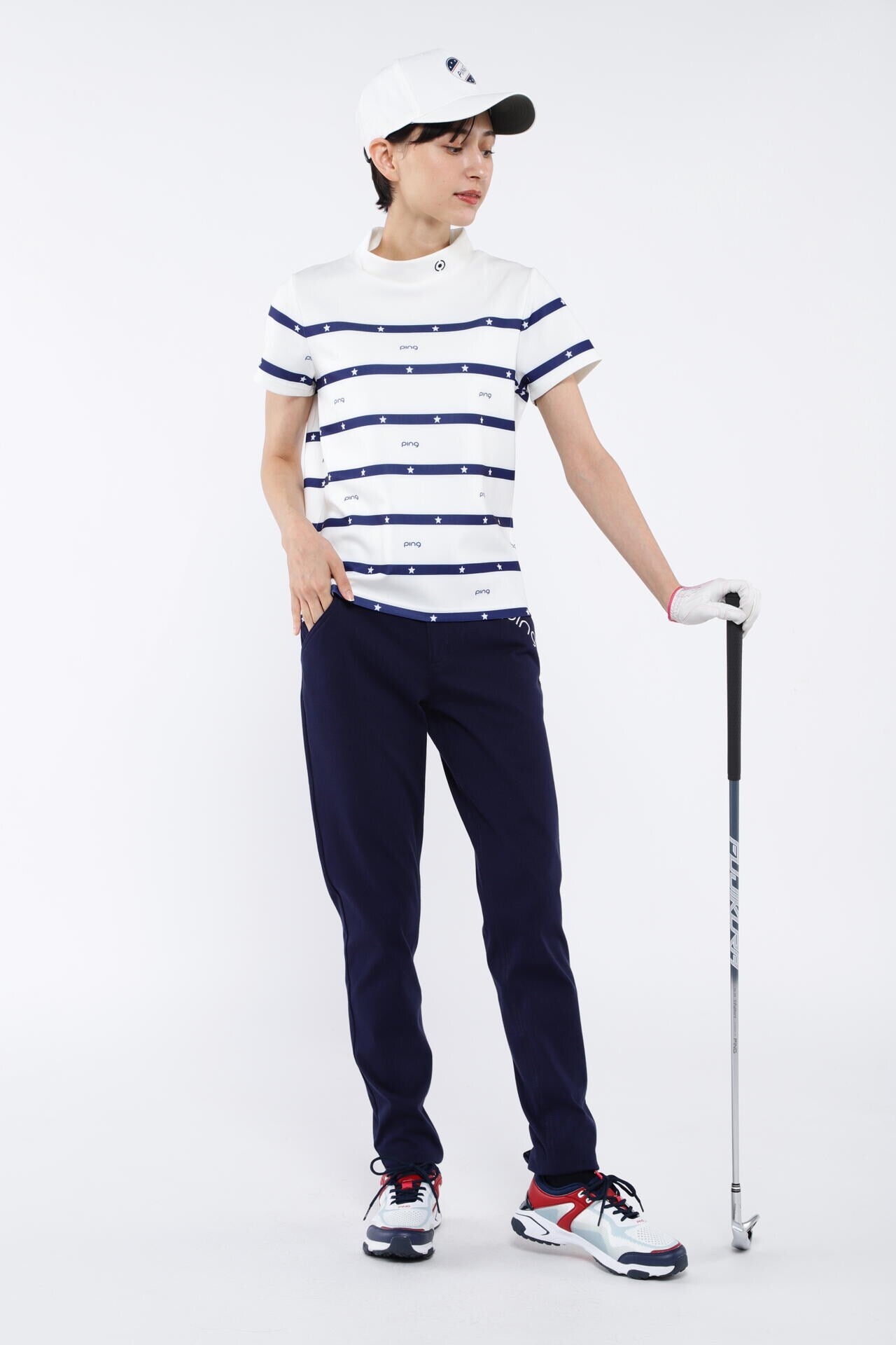 PING APPAREL】星柄ボーダーストレッチスムース半袖ハイネック