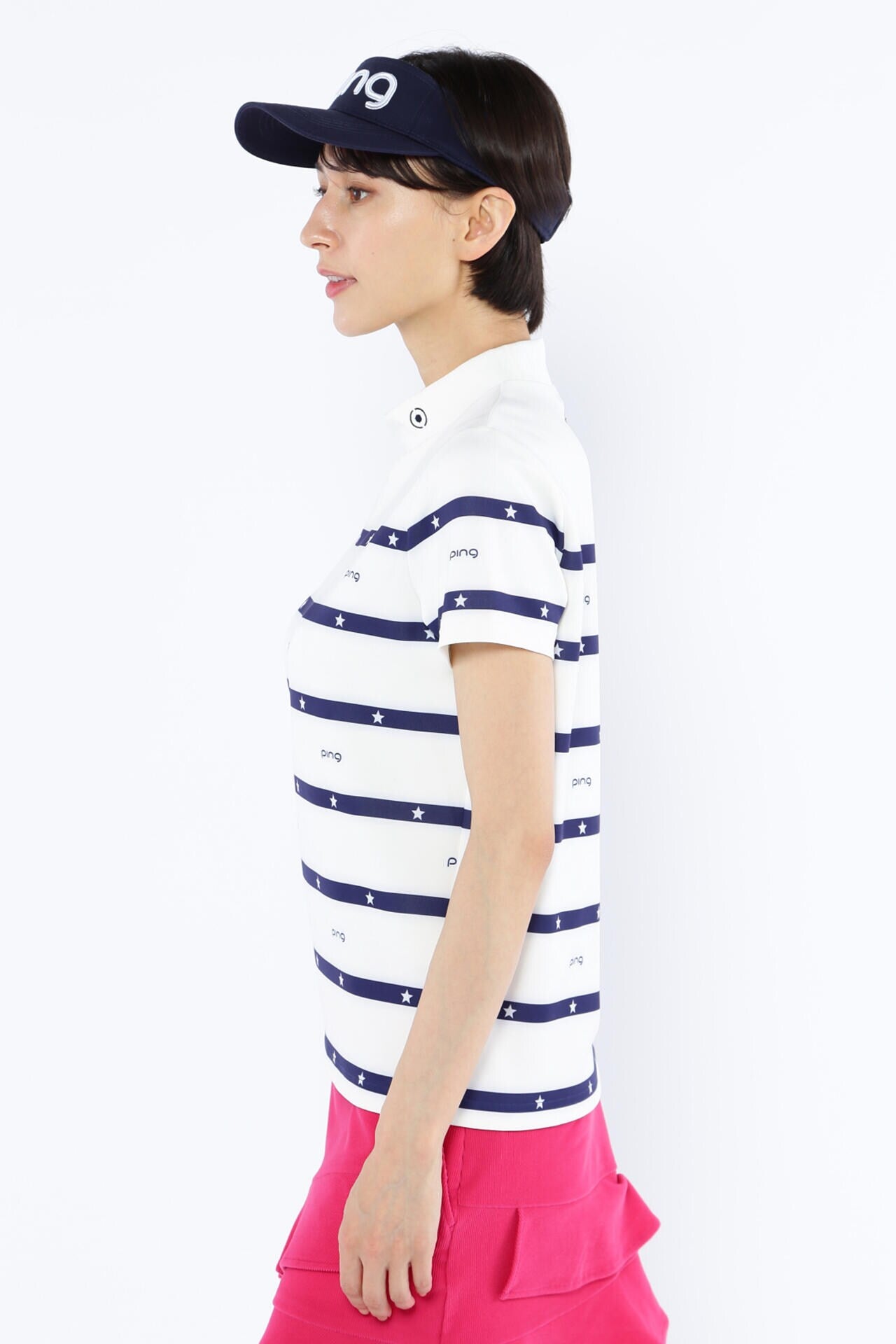 PING APPAREL】星柄ボーダーストレッチスムース半袖ハイネック