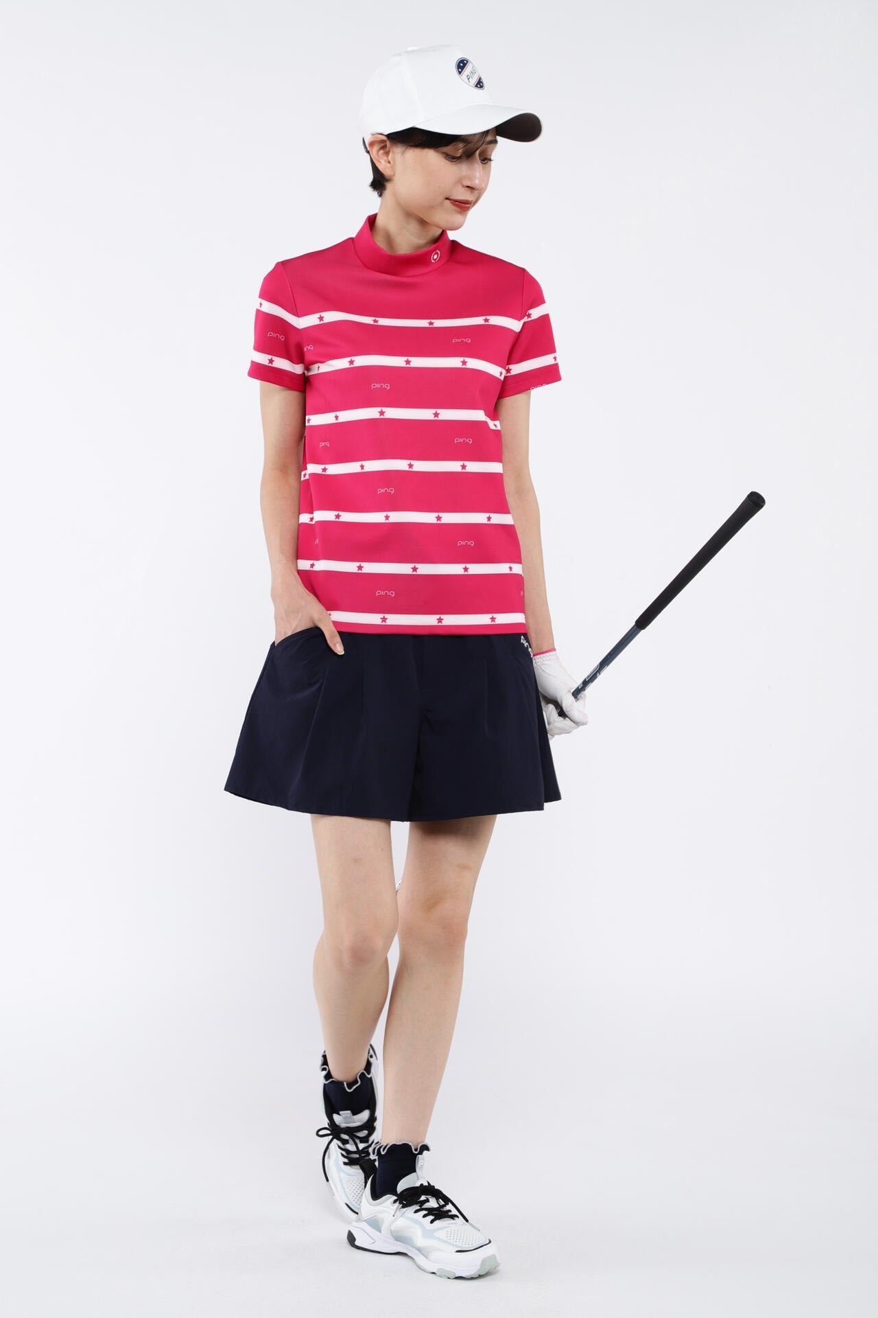 PING APPAREL】星柄ボーダーストレッチスムース半袖ハイネック