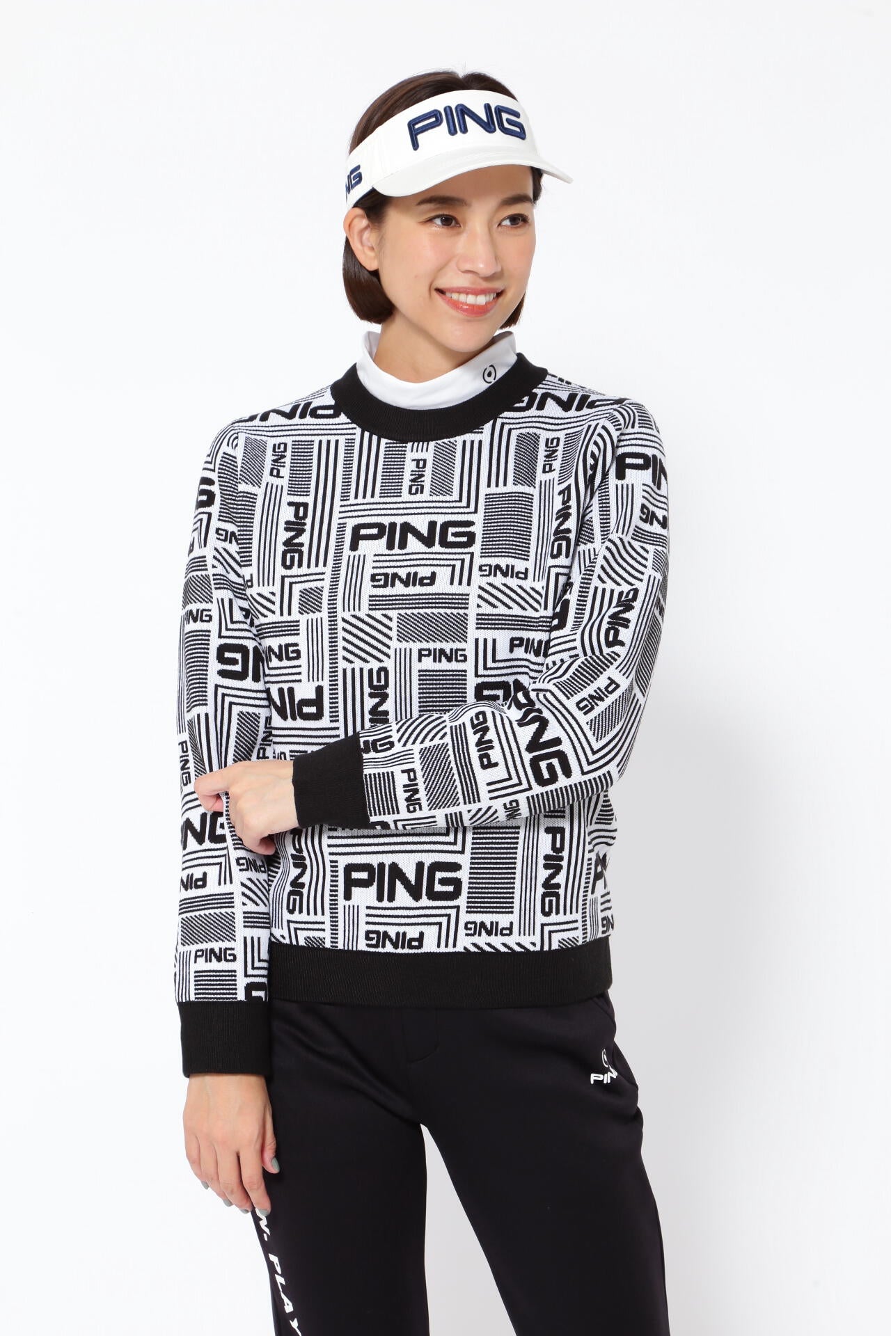 PING ピン 防風裏付き クルーネック ニットプルオーバー Ｍサイズ　未使用品 PING APPAREL】Arizona maze柄防風裏付きクルーネックニットプル