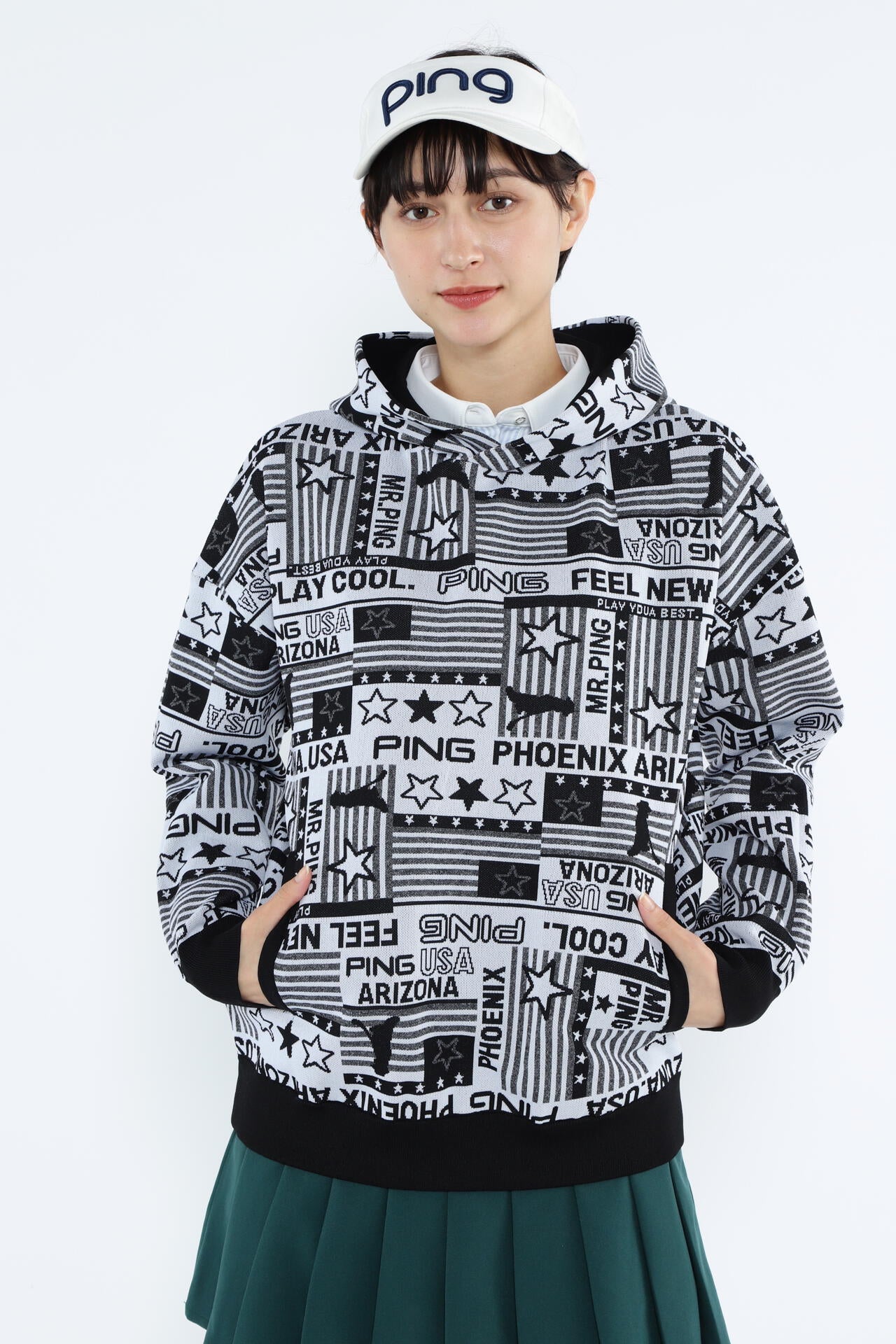 【PING APPAREL】Starry三色旗柄ジャガードニットフーディプルオーバー ＜NATIVE＞ (LADIES)