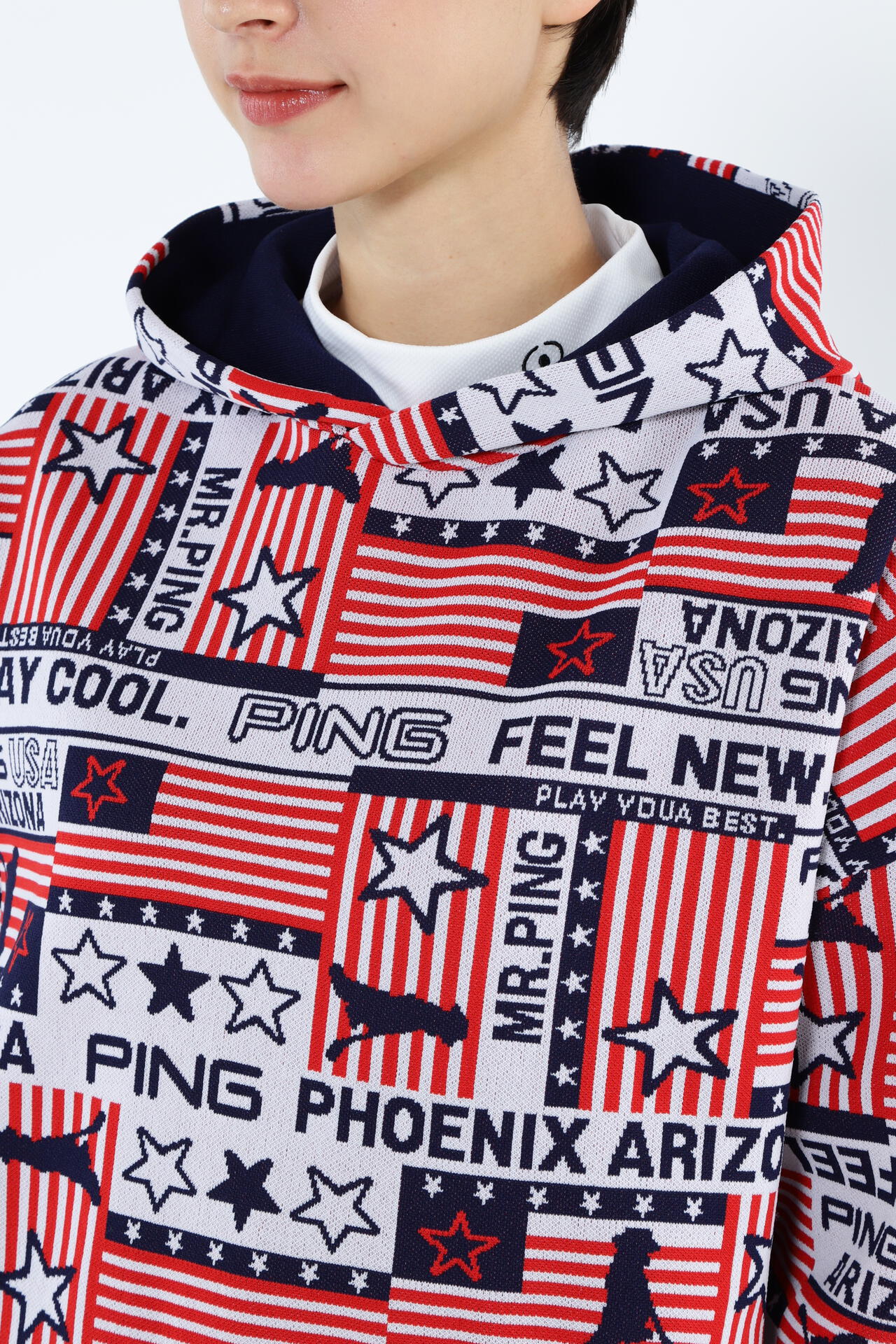 【PING APPAREL】Starry三色旗柄ジャガードニットフーディプルオーバー ＜NATIVE＞ (LADIES)