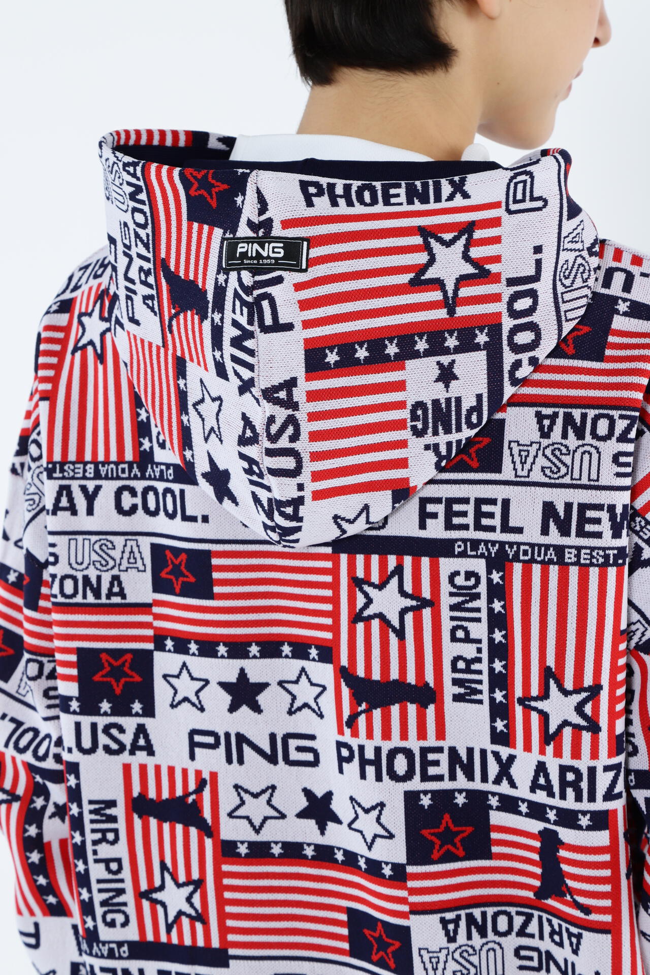 【PING APPAREL】Starry三色旗柄ジャガードニットフーディプルオーバー ＜NATIVE＞ (LADIES)