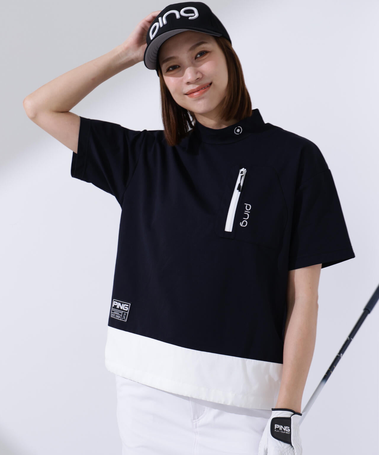 【PING APPAREL】EPIXミニワッフルバイカラー半袖ハイネックシャツ  ＜GOLD＞ (LADIES)