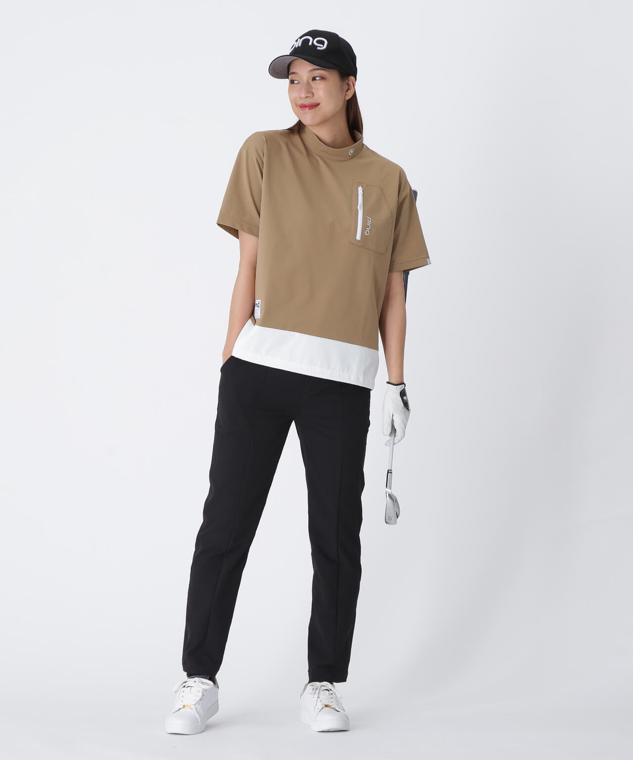 【PING APPAREL】EPIXミニワッフルバイカラー半袖ハイネックシャツ  ＜GOLD＞ (LADIES)