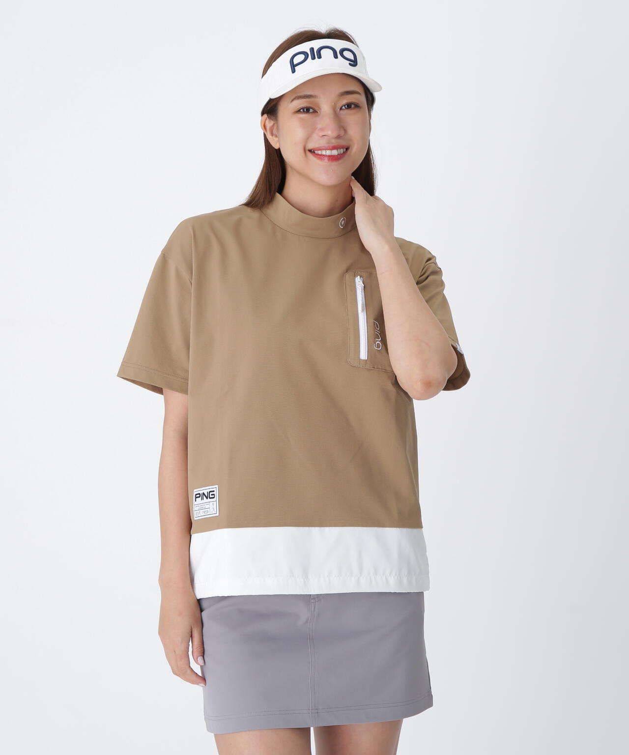【PING APPAREL】EPIXミニワッフルバイカラー半袖ハイネックシャツ  ＜GOLD＞ (LADIES)