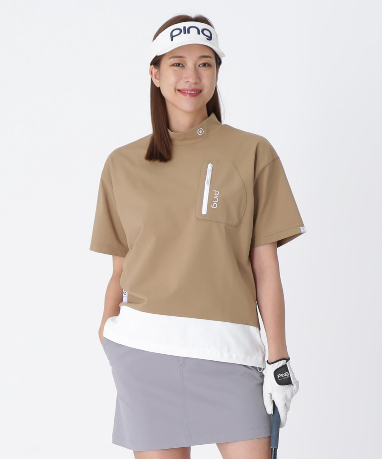 【PING APPAREL】EPIXミニワッフルバイカラー半袖ハイネックシャツ  ＜GOLD＞ (LADIES)