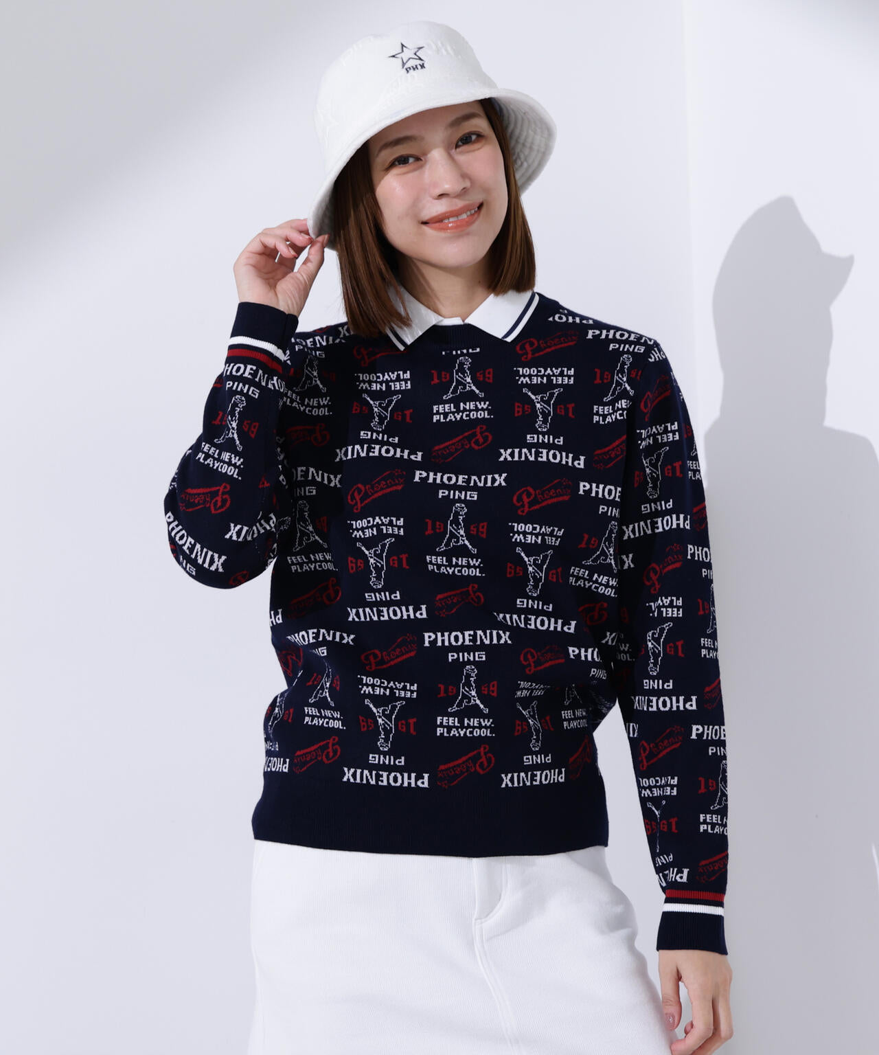 PING APPAREL】ジャガード総柄クルーネックニットプルオーバー