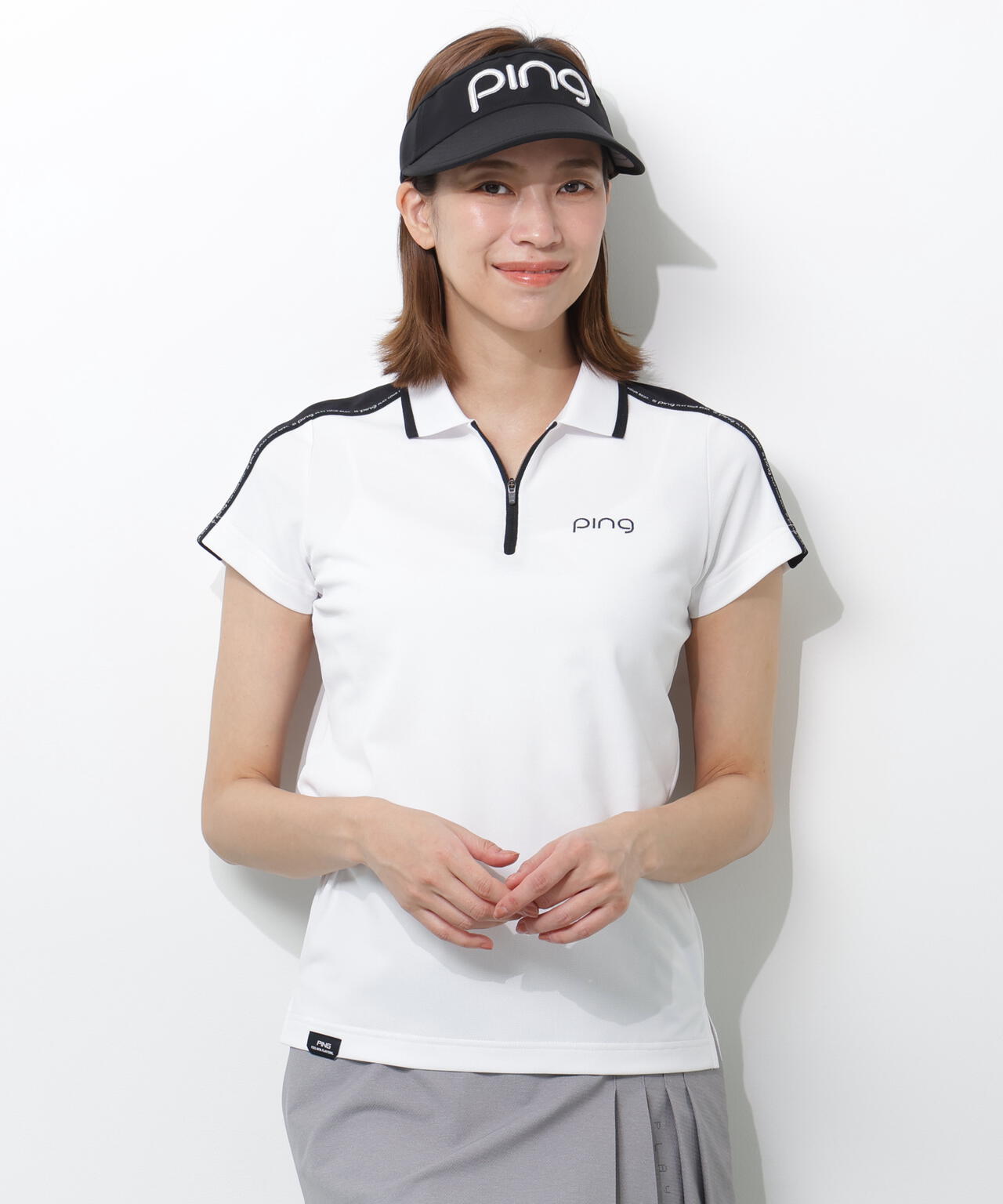 新品タグ付き PING セットアップ 半袖 スカート ホワイト ロゴ ポロシャツ PING APPAREL】切替ロゴテープカノコ半袖ハーフジップポロシャツ
