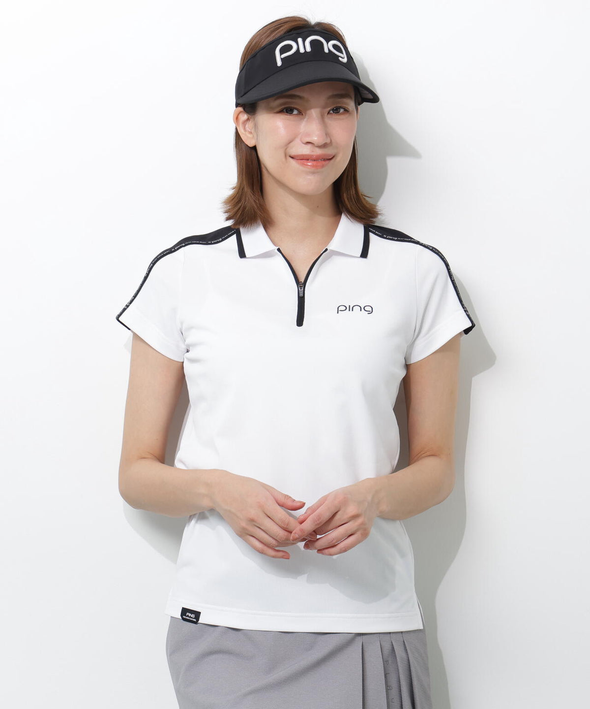 PING APPAREL】切替ロゴテープカノコ半袖ハーフジップポロシャツ 