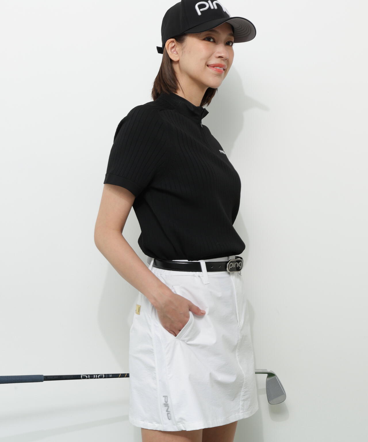 【PING APPAREL】エンボス半袖ニットハーフジップアッププルオーバー ＜GOLD＞ (LADIES)
