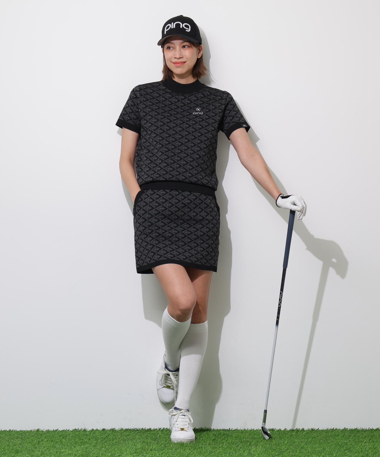 PING APPAREL】AZモノグラムジャカード半袖ハイネックネックニット