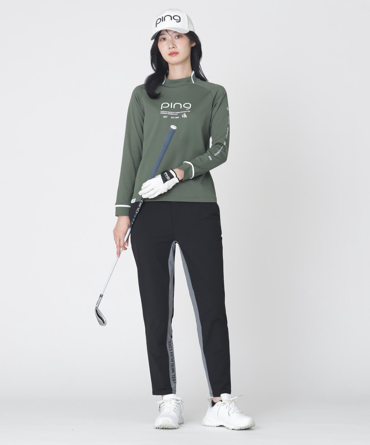 【PING APPAREL】全方向ストレッチ二重織 フィット＆ストレッチ配色テーパードパンツ (LADIES)