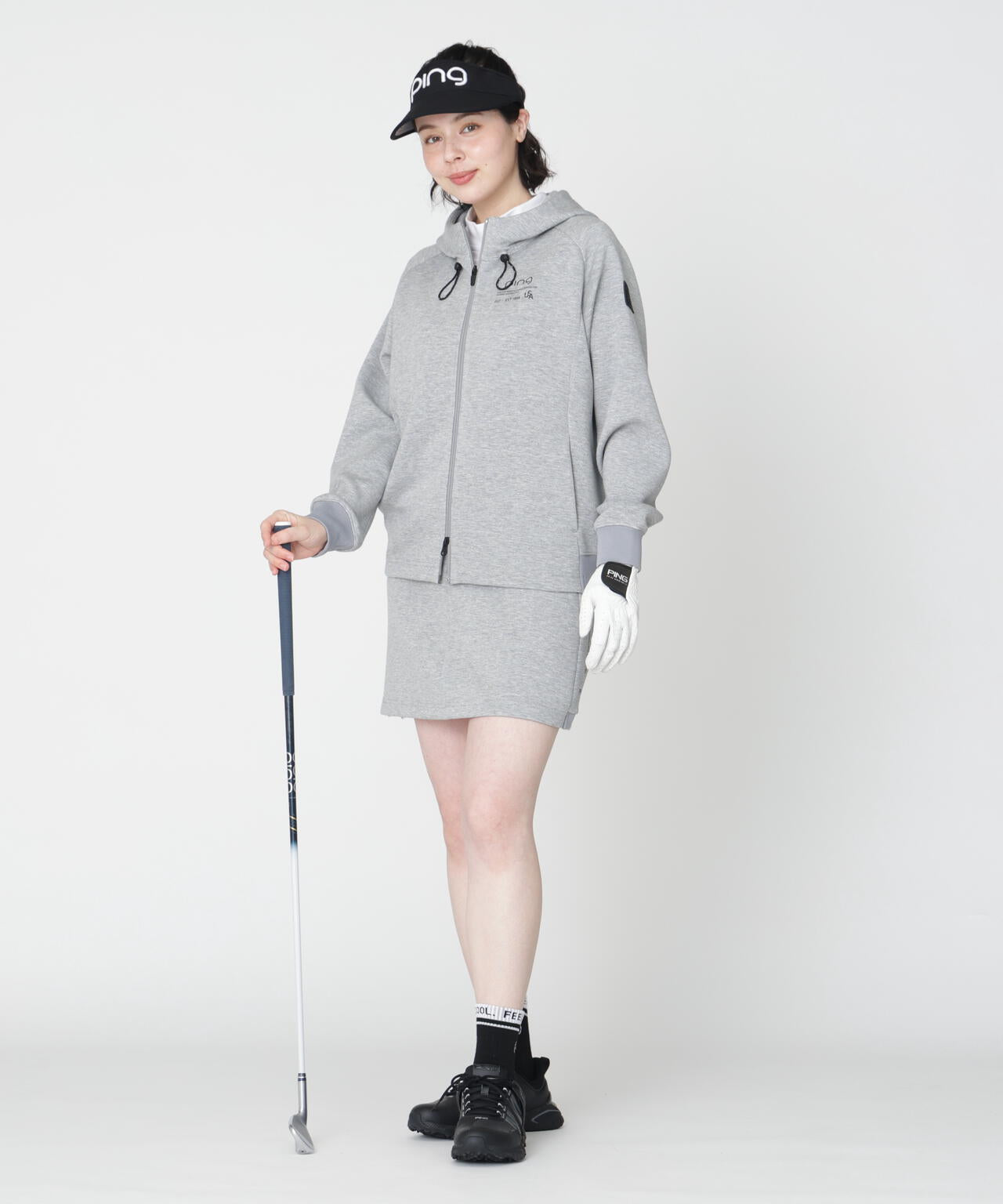 新品タグ付き PING セットアップ ネイビー ダンボールニット スカート ピン PING APPAREL】全方向ストレッチダンボールニットサイド切替スカート