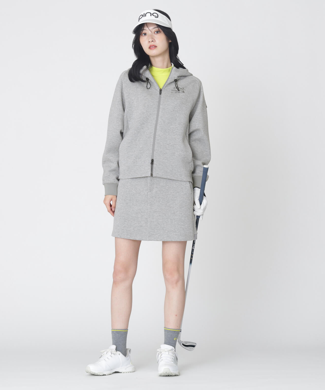 PINGピン バイカラーダンボールハイネックプルオーバースカート セットアップ PING APPAREL】全方向ストレッチダンボールニットフルジップフーディー