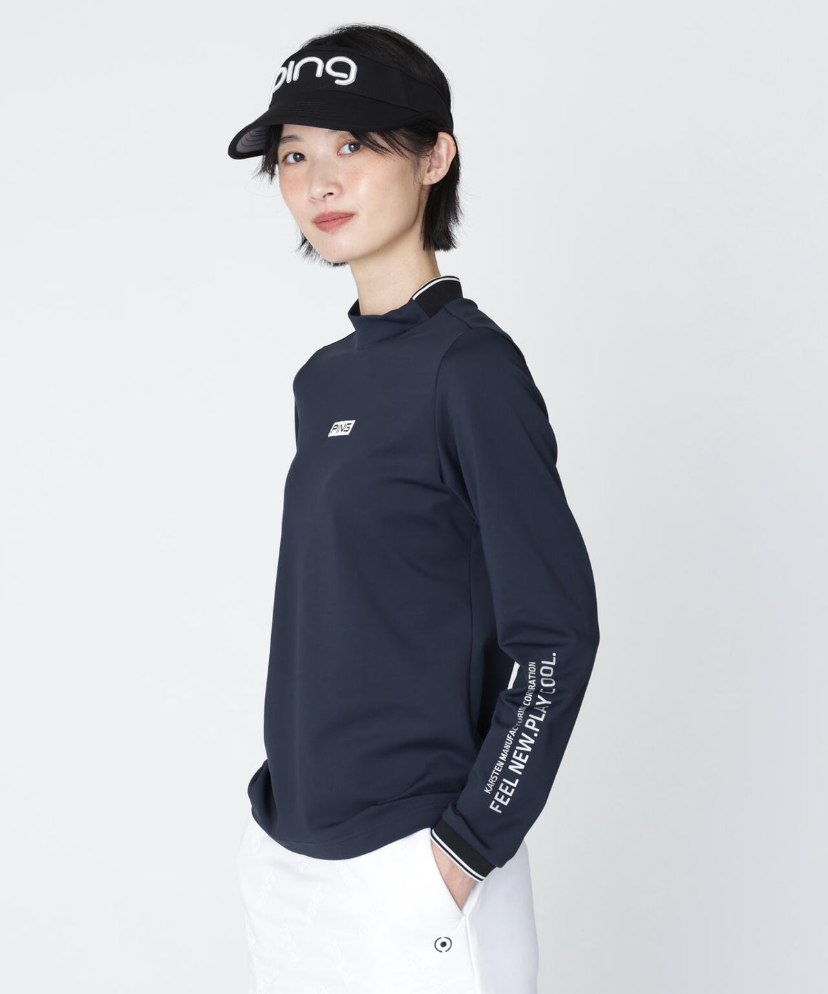 [PING APPAREL] [保温] 裏起毛ラインデザイン長袖ハイネックシャツ (LADIES)