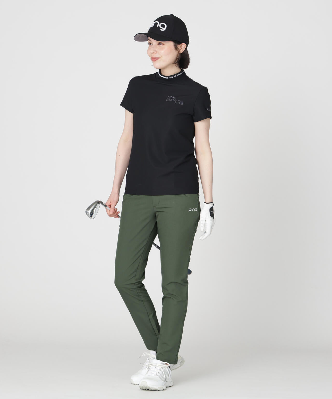 【PING APPAREL】ワッフルロゴジャカード衿半袖ハイネックシャツ (LADIES)