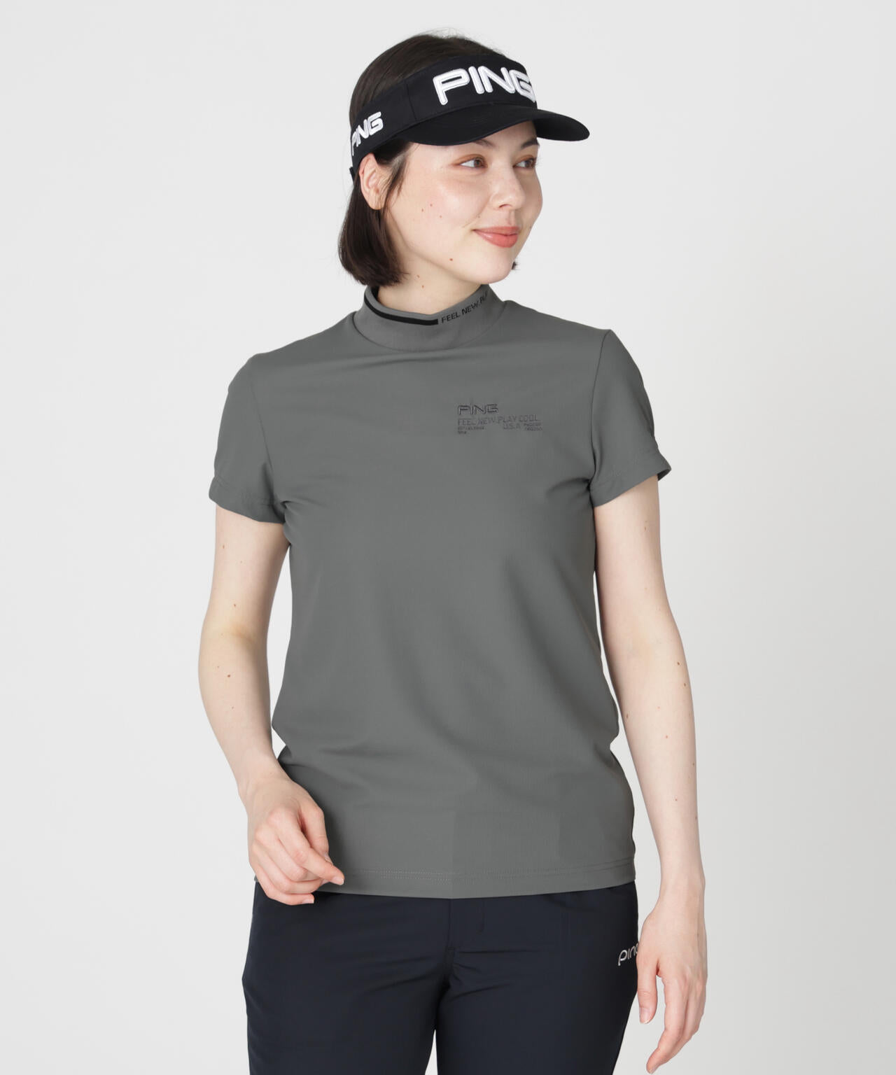【PING APPAREL】ワッフルロゴジャカード衿半袖ハイネックシャツ (LADIES)