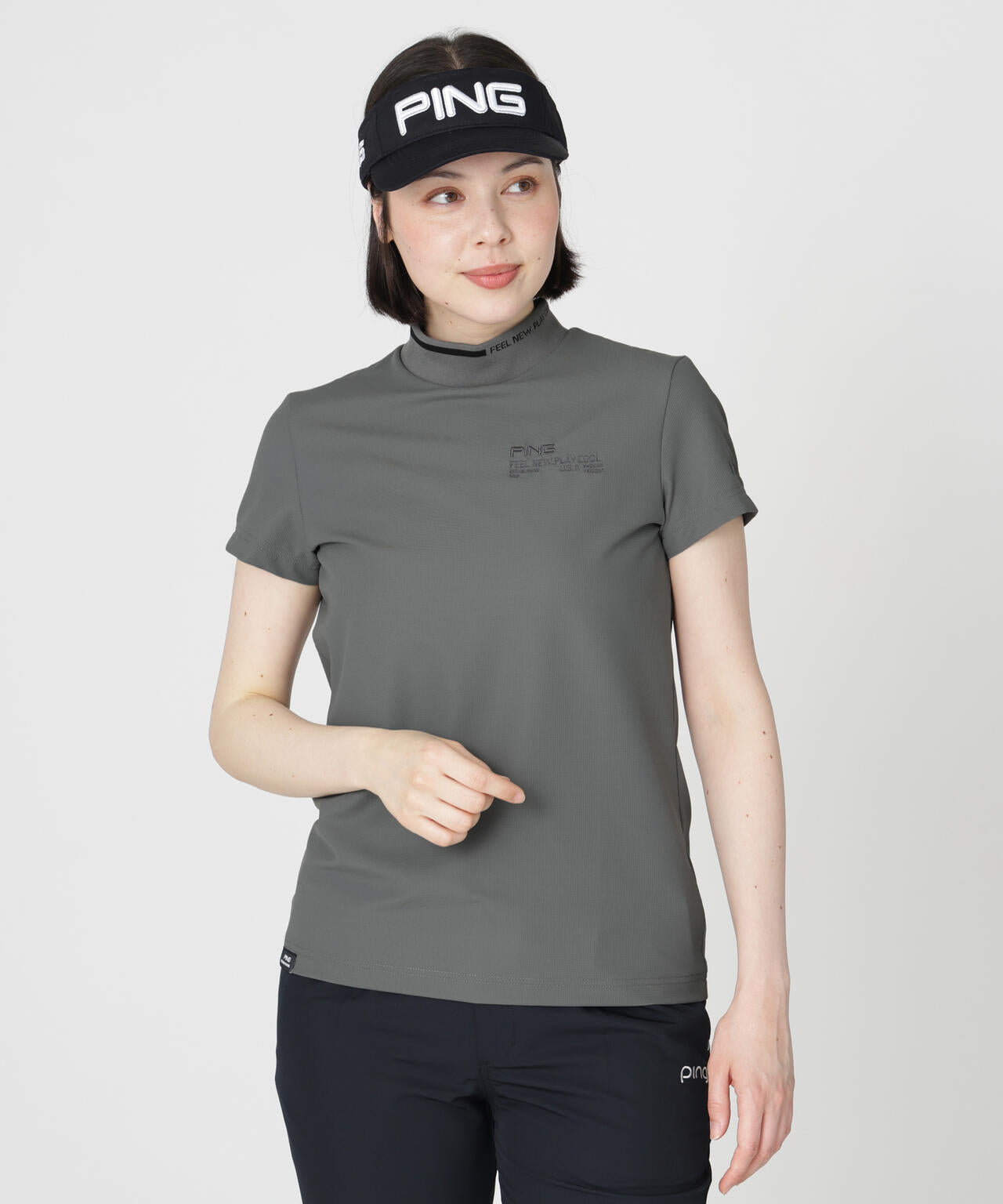 【PING APPAREL】ワッフルロゴジャカード衿半袖ハイネックシャツ (LADIES)
