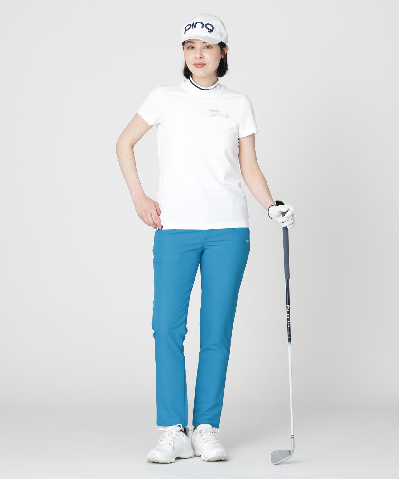 【PING APPAREL】ワッフルロゴジャカード衿半袖ハイネックシャツ (LADIES)