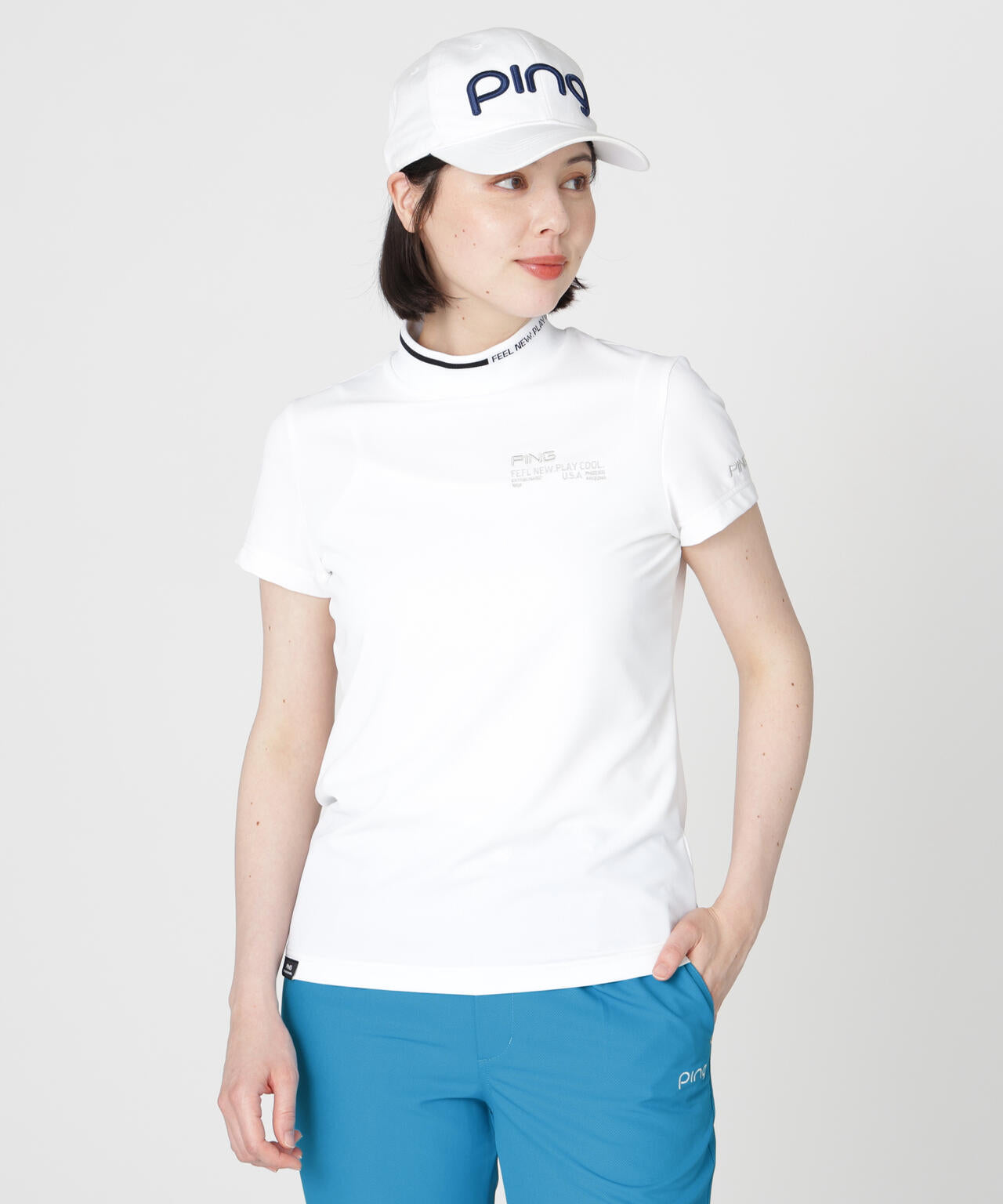 【PING APPAREL】ワッフルロゴジャカード衿半袖ハイネックシャツ (LADIES)