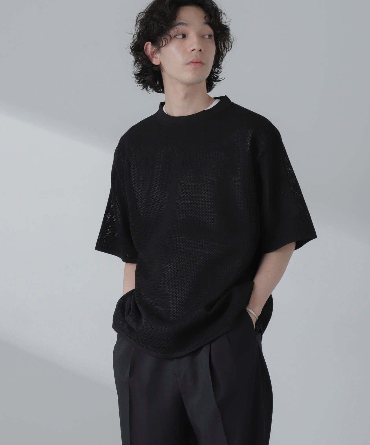 ポリメッシュリラックスクルーネックニットTシャツ