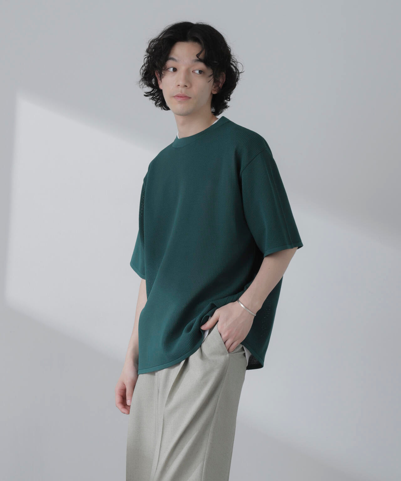 ポリメッシュリラックスクルーネックニットTシャツ