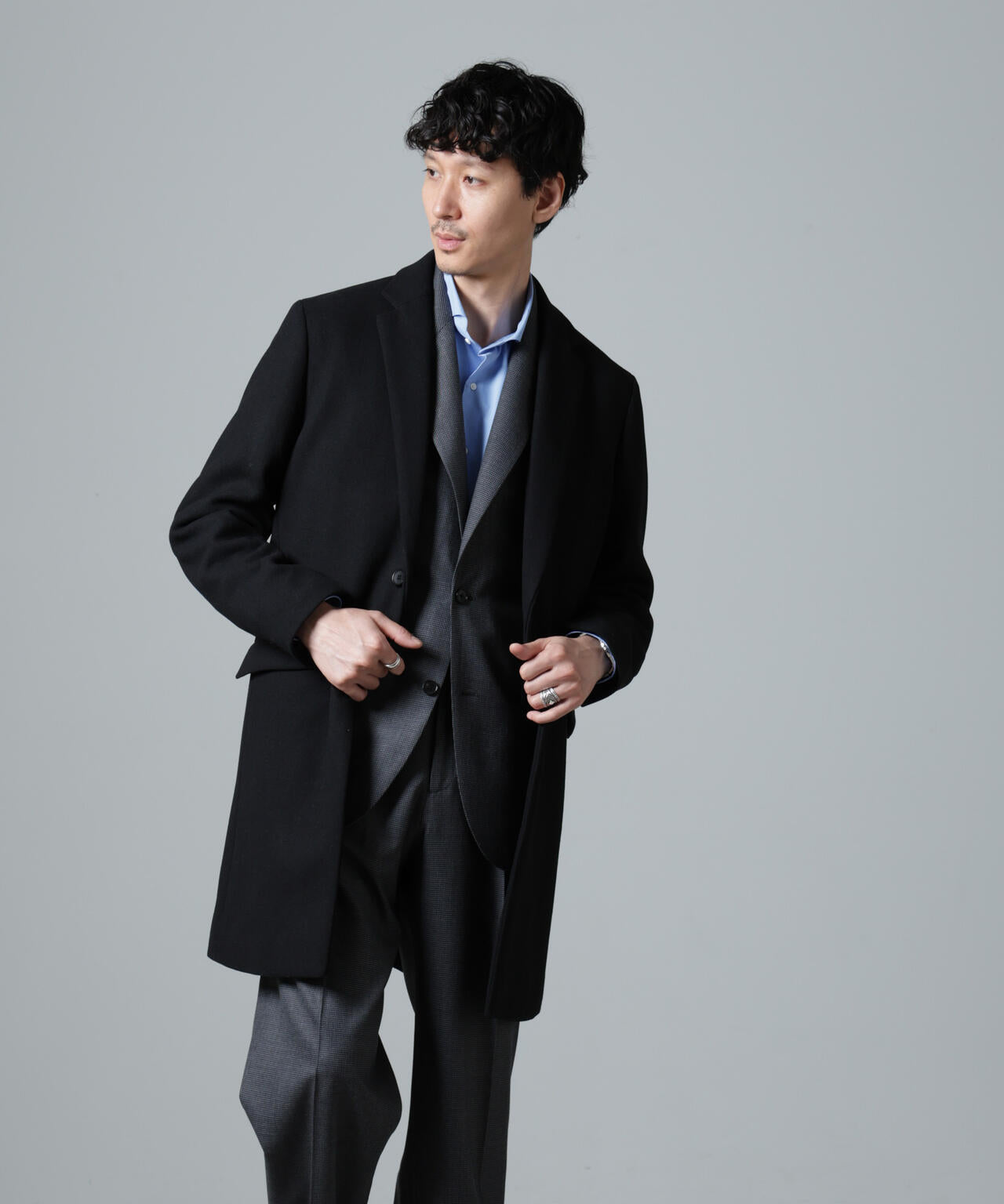 nano universe 黒 チェスターコート ウール ブレンド メルトン チェスター コート