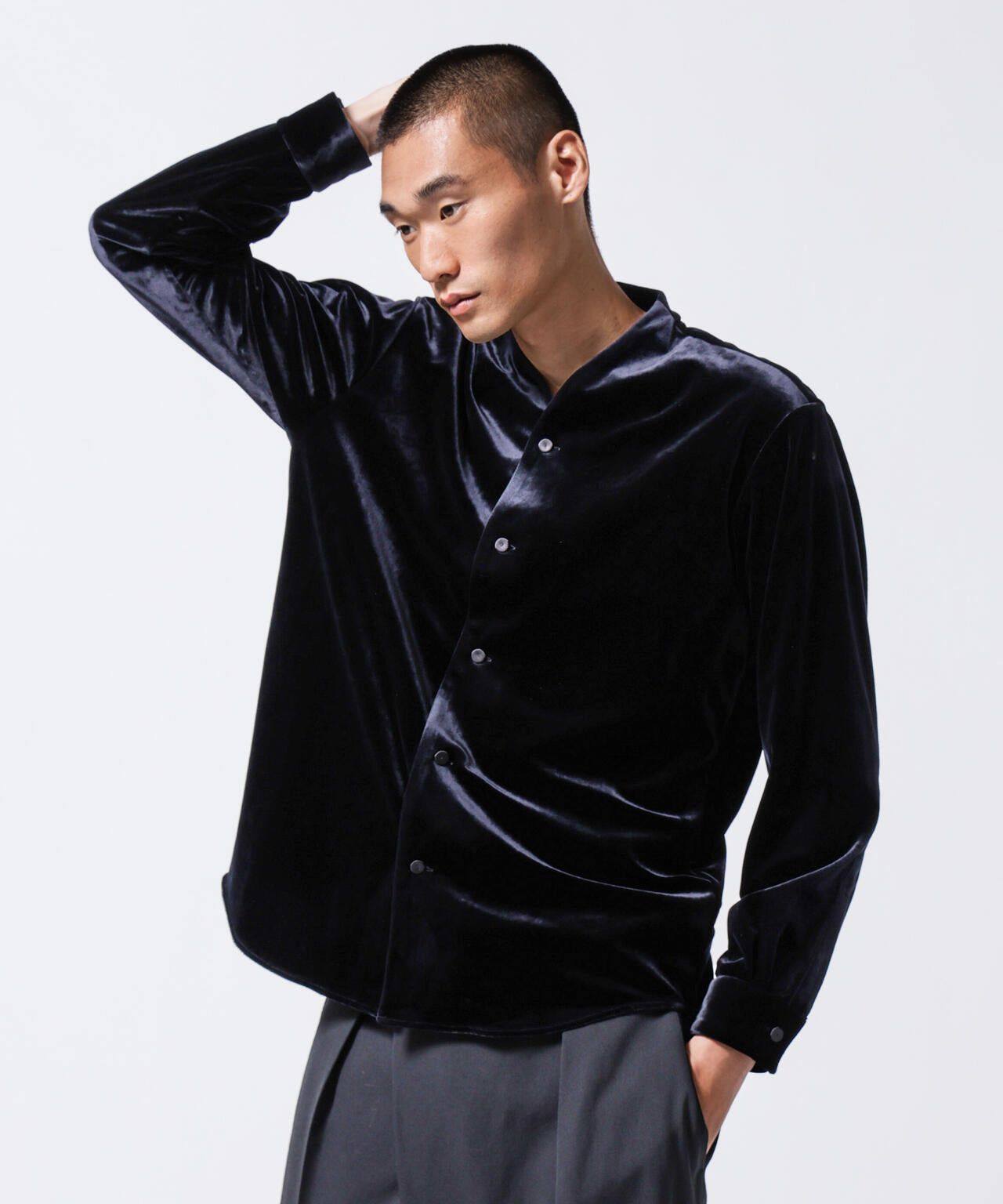 「ASSEMBLANC」トリアセテートベルベットシャツブルゾン