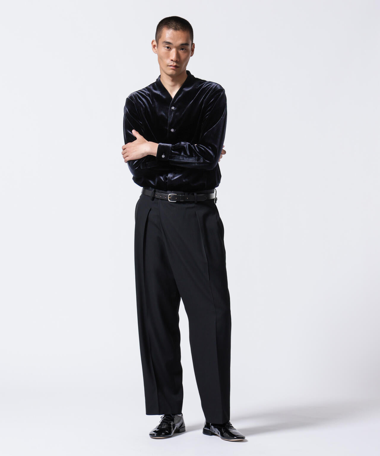 「ASSEMBLANC」トリアセテートベルベットシャツブルゾン