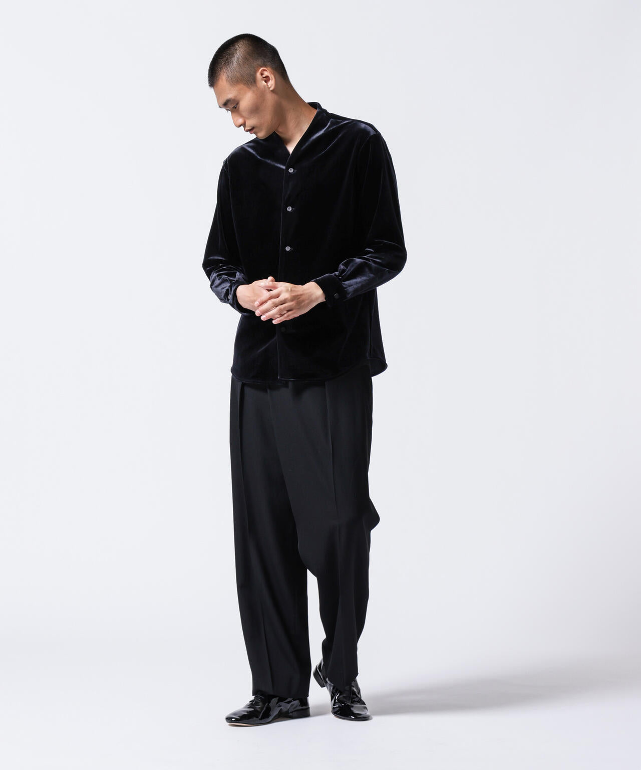 「ASSEMBLANC」トリアセテートベルベットシャツブルゾン