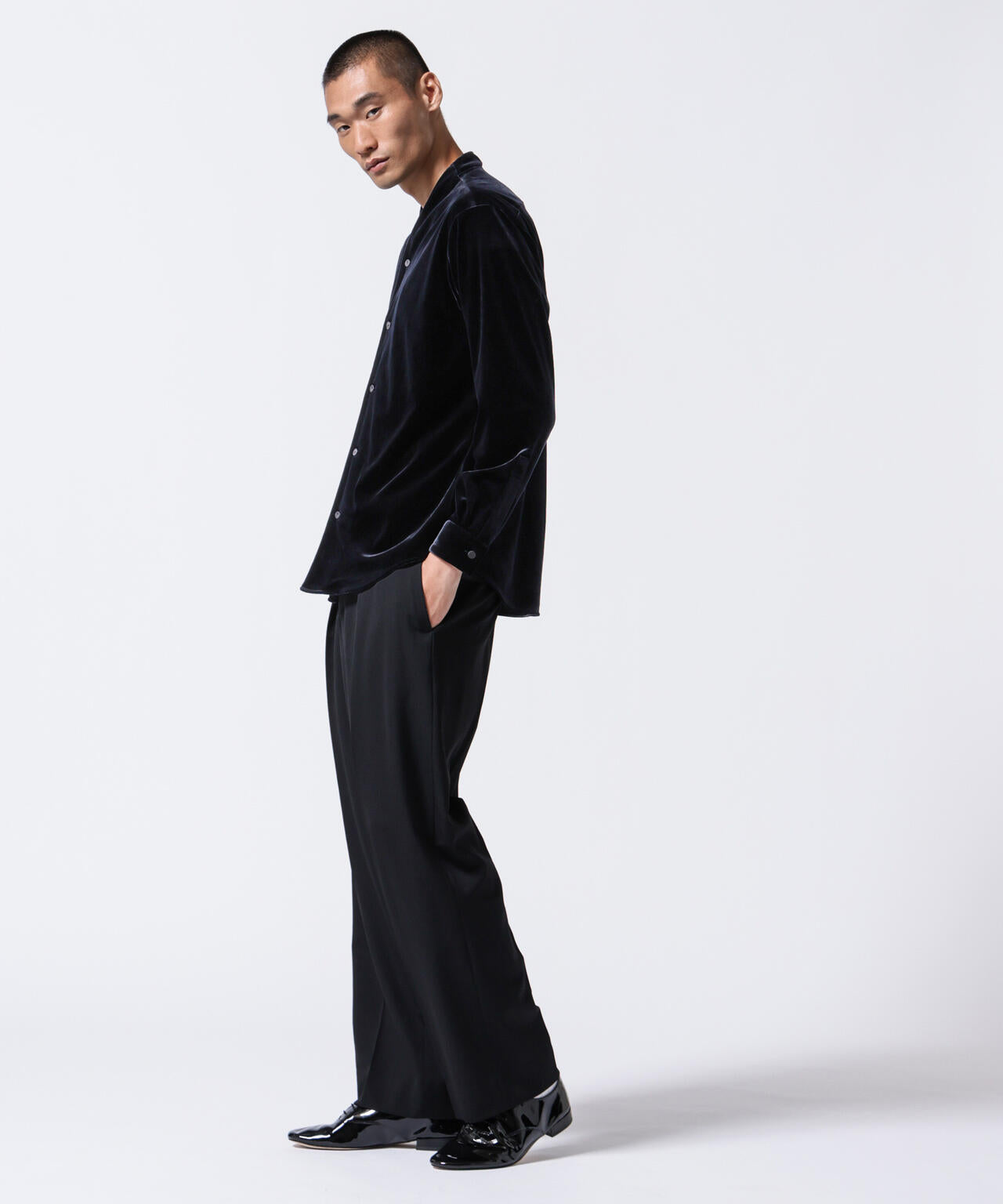 「ASSEMBLANC」トリアセテートベルベットシャツブルゾン