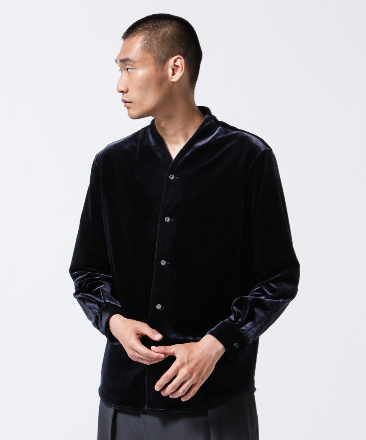 「ASSEMBLANC」トリアセテートベルベットシャツブルゾン