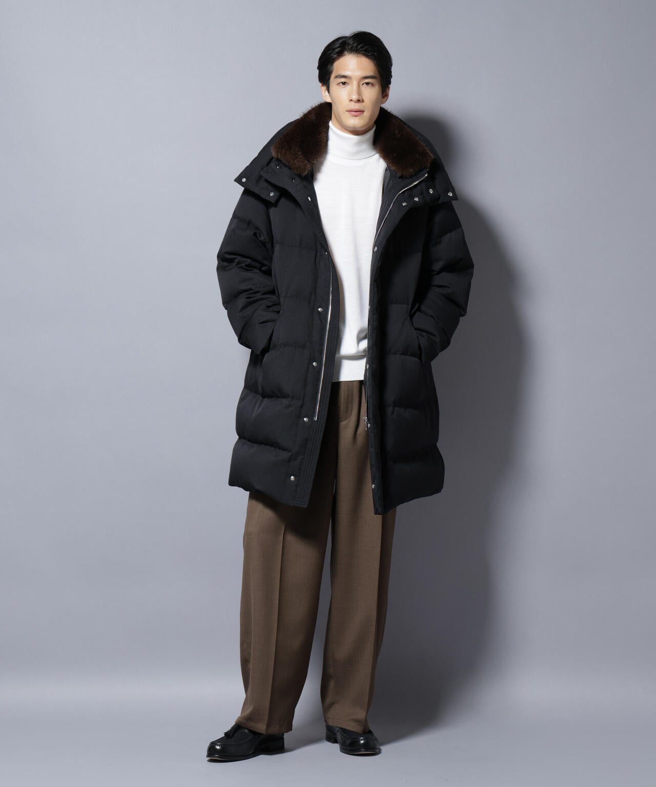 【美品】ナノユニバース 西川ダウン サージ ダウン アウター ロング ファー 西川ダウン(R)」フェイクファーカラーサージロングダウン | NANO