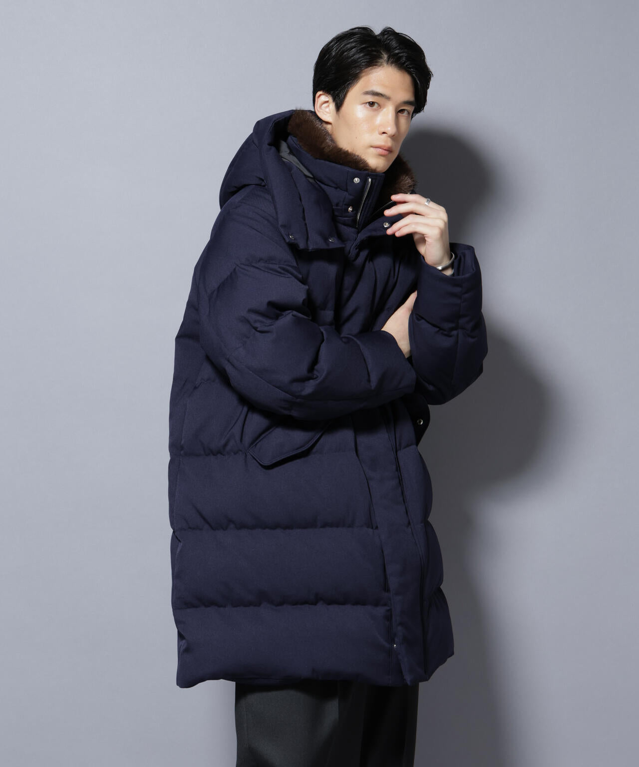 ナノユニバース　西川ダウン　ロングダウン　36ネイビー 西川ダウン(R)」フェイクファーカラーサージロングダウン | NANO