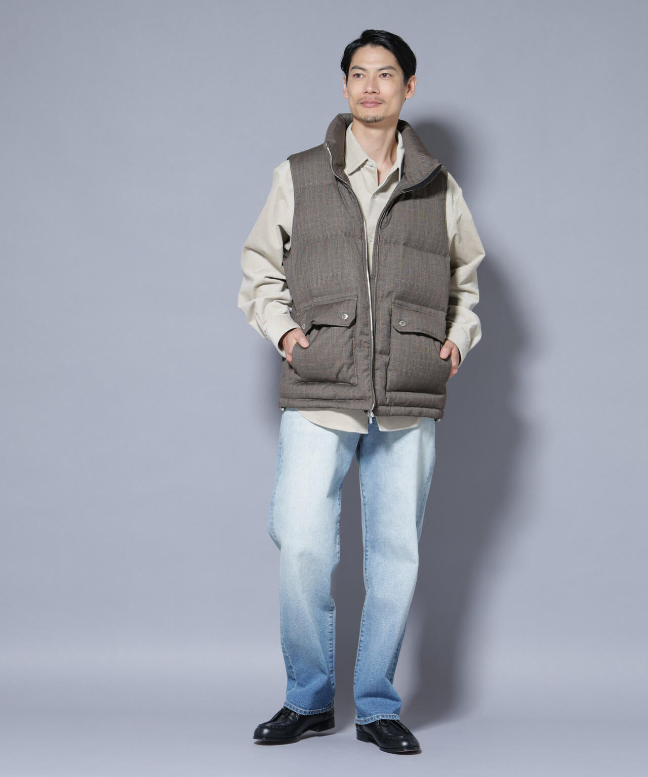 DELEGANTE エアリーサキソニー/グレンチェックTAIONダウンベスト