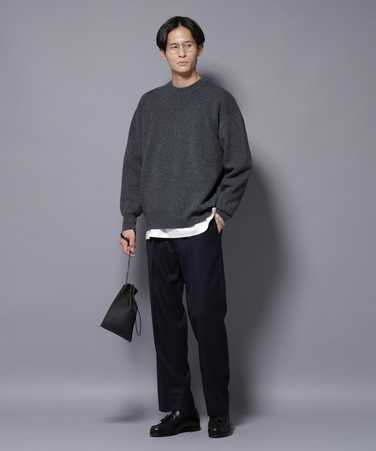 未使用　ピン　カシミヤクルーネックニットプルオーバー ブラック ウールカシミヤクルーネックプルオーバー | NANO universe（ナノ