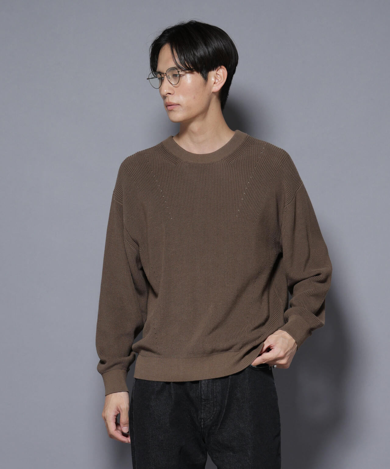 マーセライズコットン 畦クルーネックニット