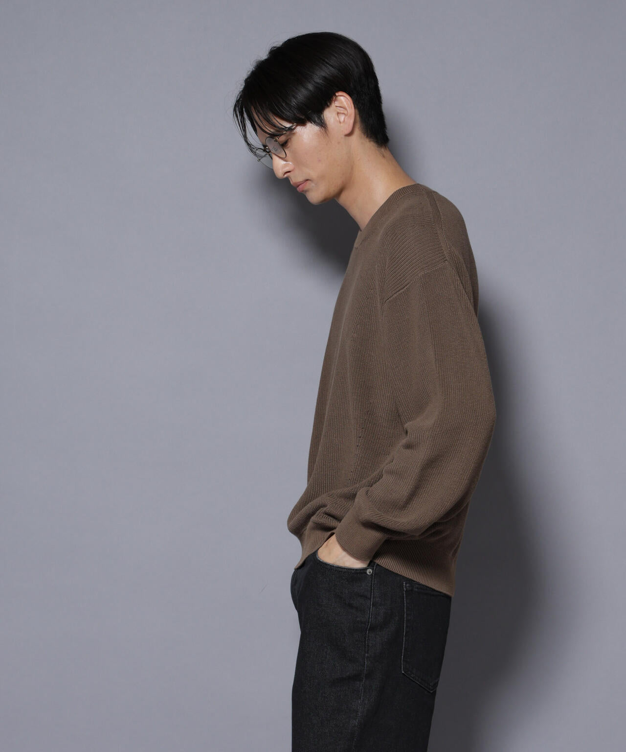 マーセライズコットン 畦クルーネックニット