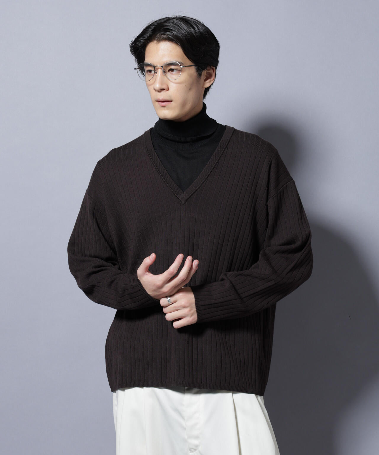 CICA&UVカット リブニットVネック