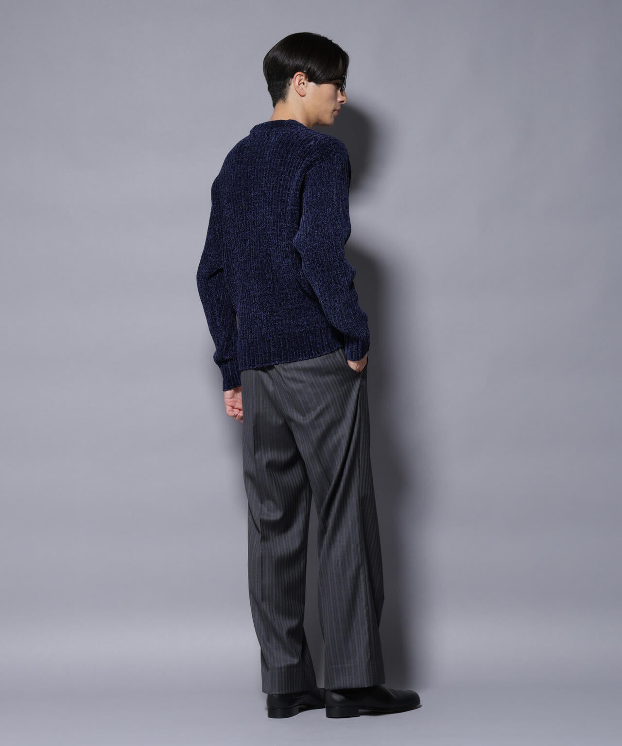 Nano STONE  ローゲージニット　ネイビー ローゲージ ベロアモール クルーネックニット | NANO universe（ナノ