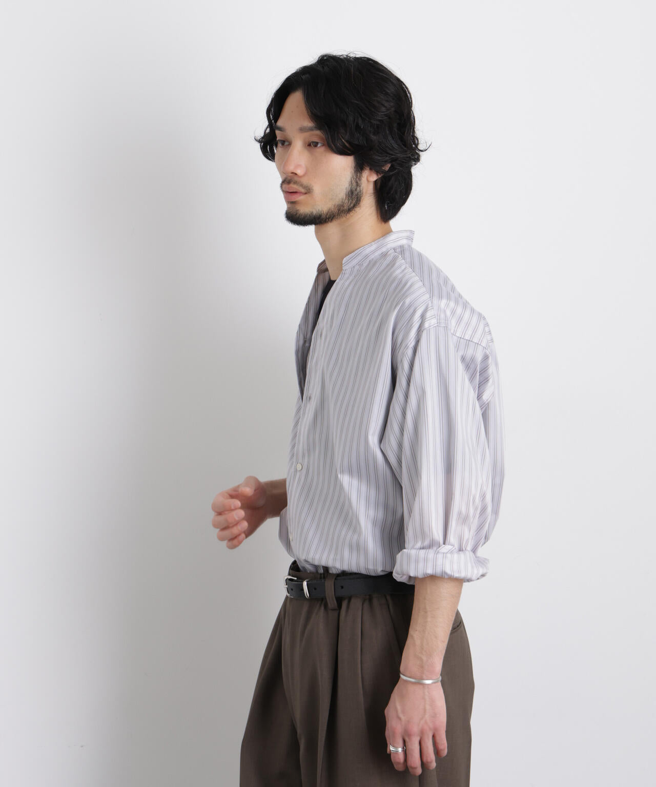 「OtoNANO」大人のワイドシャツバンドカラー ストライプ長袖