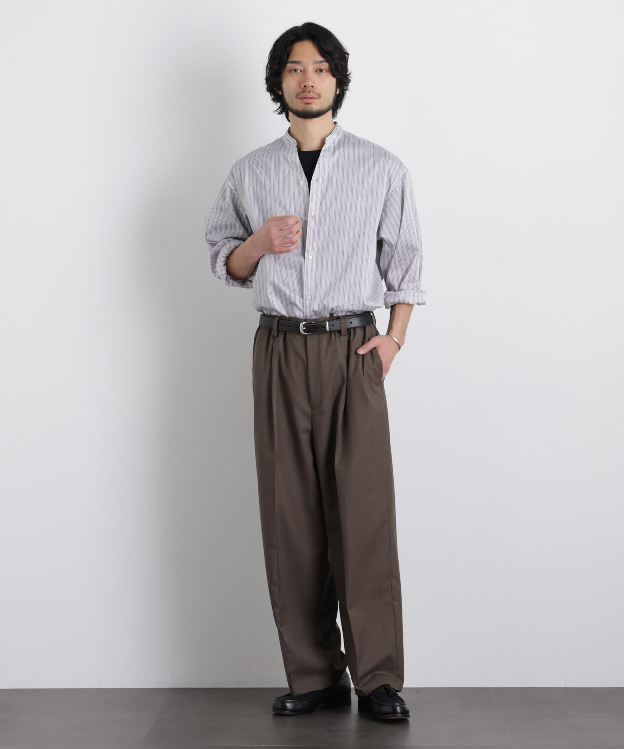 「OtoNANO」大人のワイドシャツバンドカラー ストライプ長袖