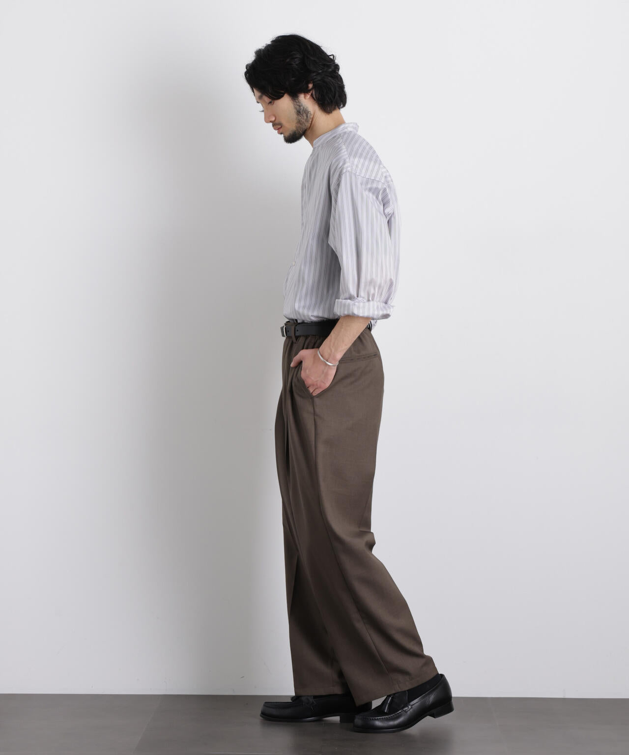 「OtoNANO」大人のワイドシャツバンドカラー ストライプ長袖