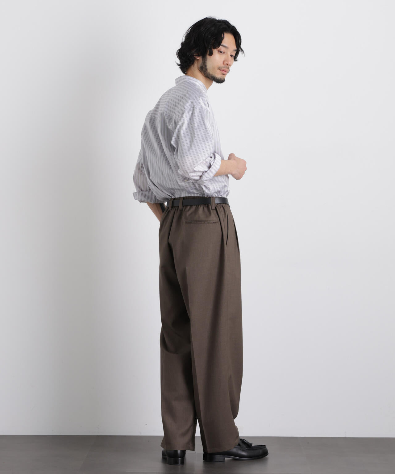 「OtoNANO」大人のワイドシャツバンドカラー ストライプ長袖