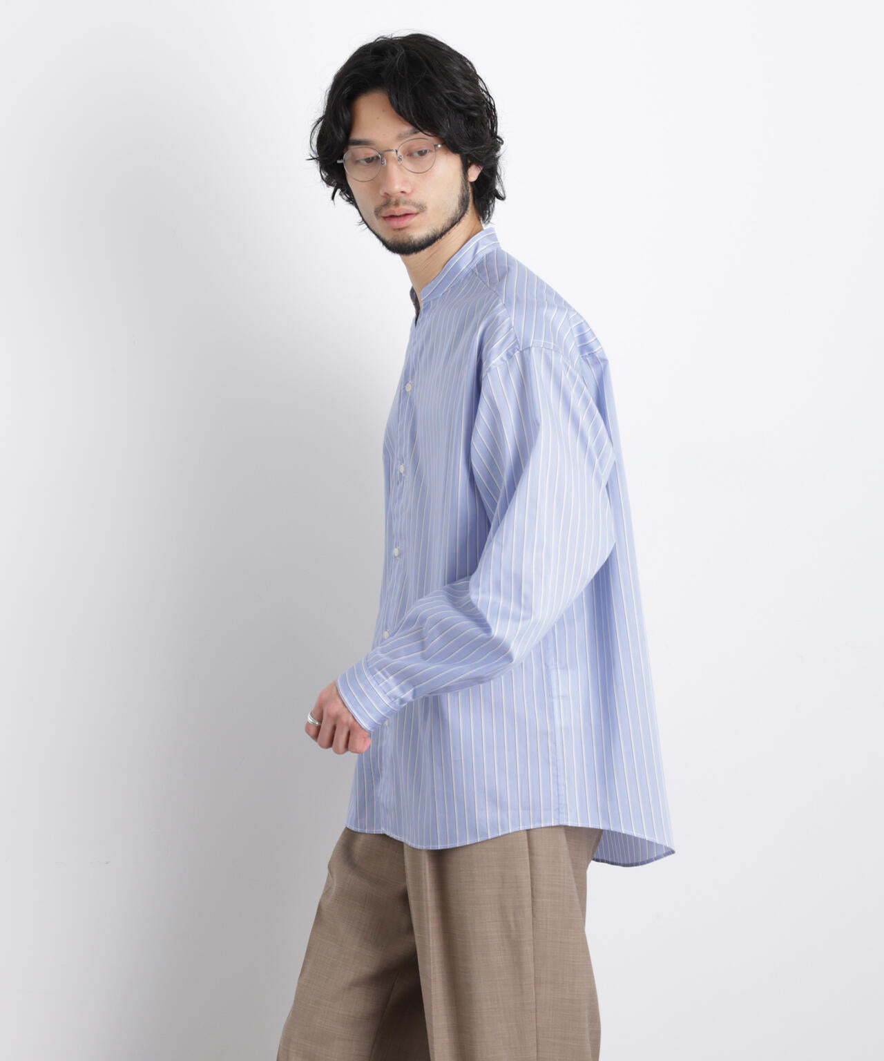 「OtoNANO」大人のワイドシャツバンドカラー ストライプ長袖