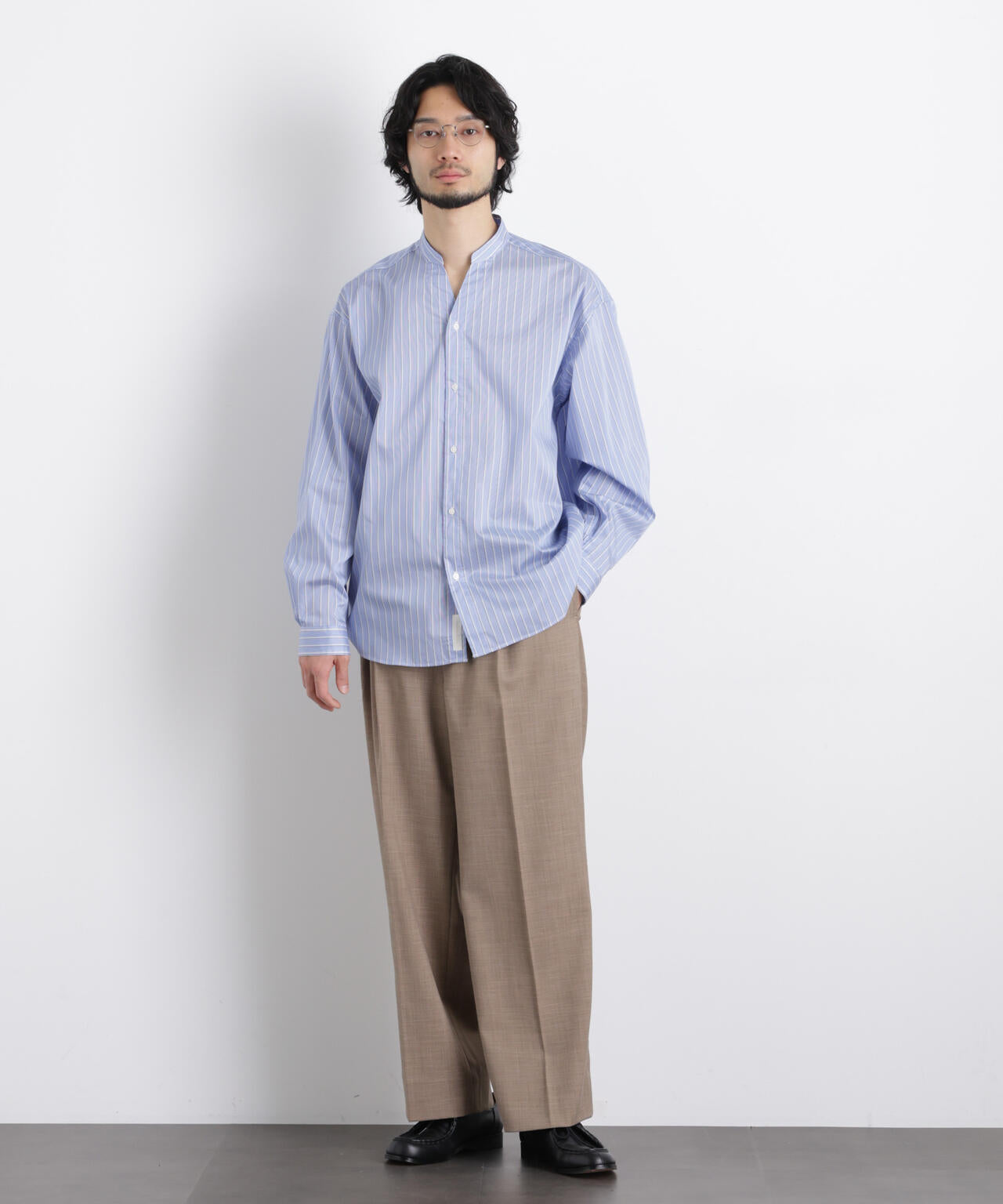 「OtoNANO」大人のワイドシャツバンドカラー ストライプ長袖