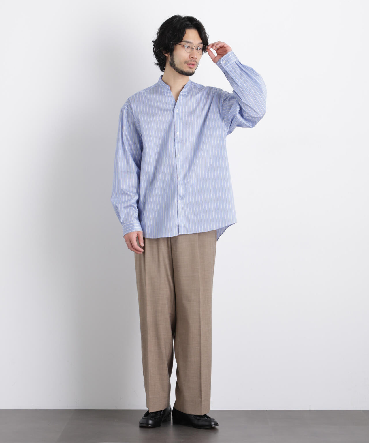 「OtoNANO」大人のワイドシャツバンドカラー ストライプ長袖